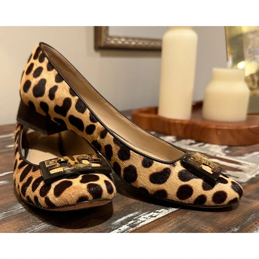 Tory Burch Gigi Leopard Print Calf Hair Ballet Flats Block Heel Size 7M